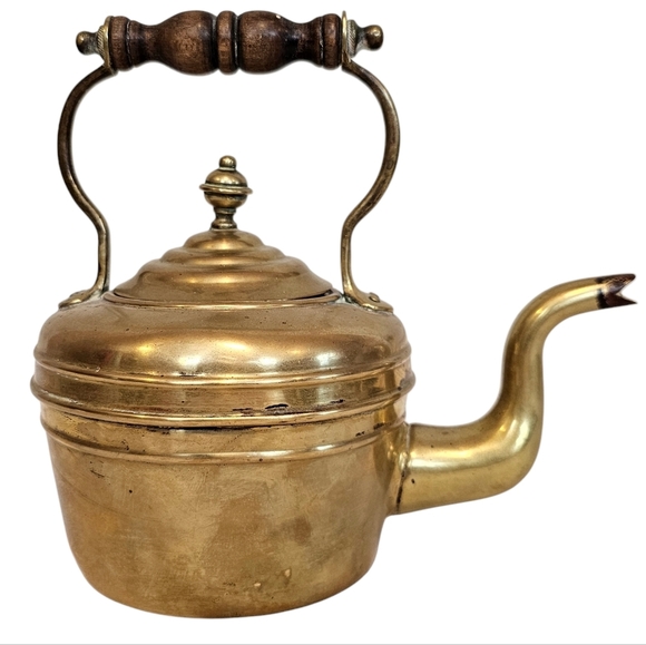 Vintage Brass Wood Teapot Decor Old World Aesthetic - Picture 1 of 9